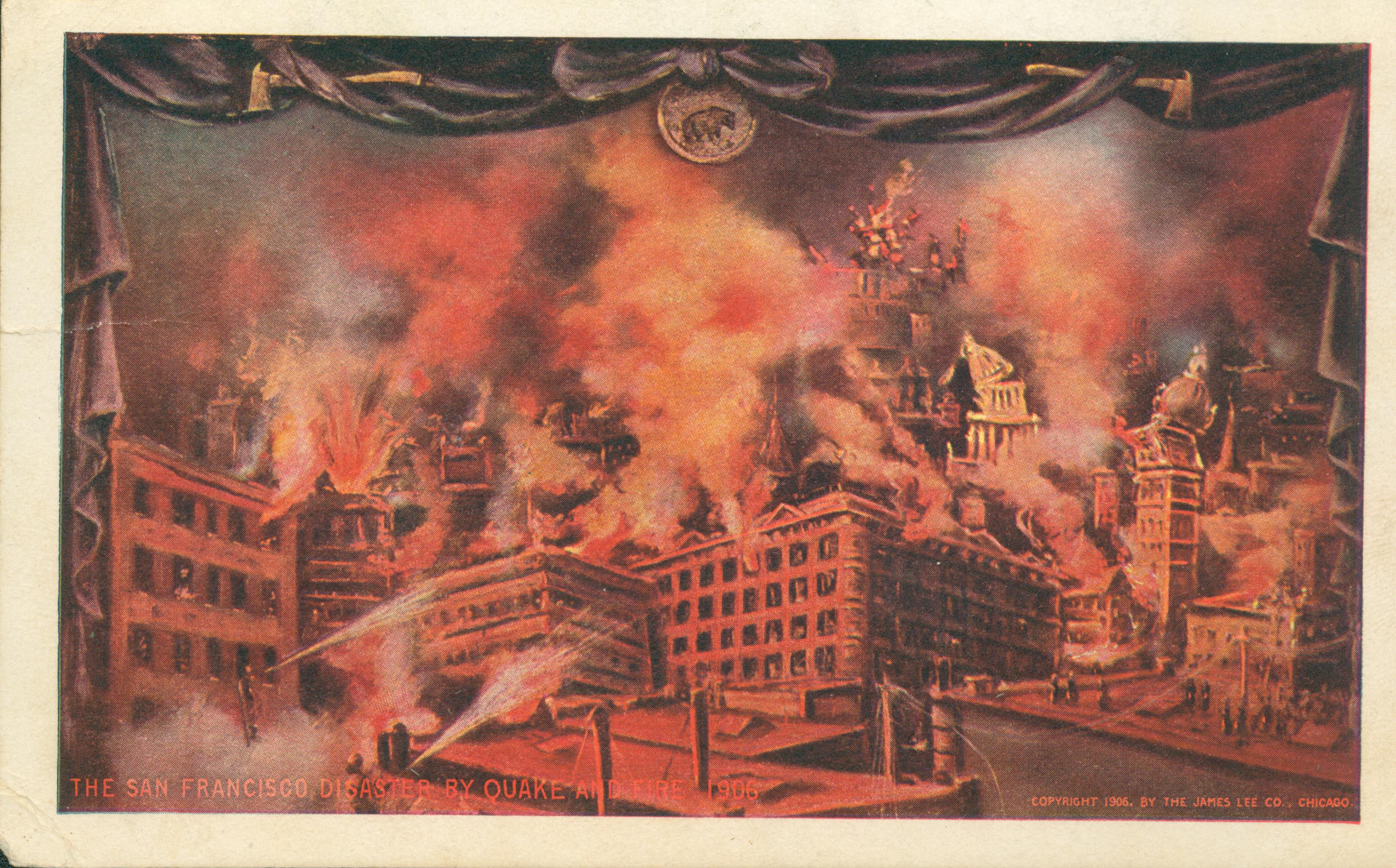 Shows a stage set of San Francisco burning